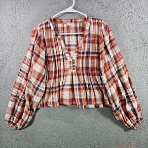 Pilcro Anthropologie Plaid Peplum Blouse Red Orange Metallic Balloon Sleeve S